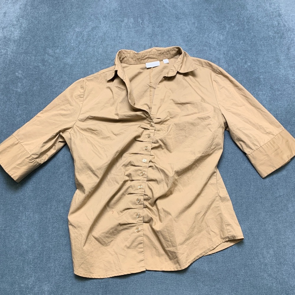 New York & Company Shirt Women XL Tan Stretch Ruched Button Up Casual Minimalist